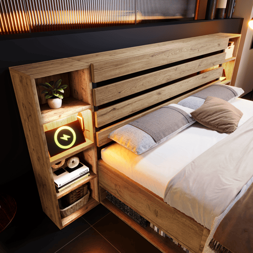 Cama de casal de madeira maciça e metal 180x200cm com 1 gaveta e luz led,natural Cama de casal de madeira maciça e metal 180x200cm com 1 gaveta e luz led,natural