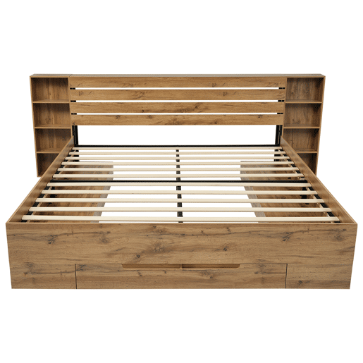 Cama de casal de madeira maciça e metal 180x200cm com 1 gaveta e luz led,natural Cama de casal de madeira maciça e metal 180x200cm com 1 gaveta e luz led,natural