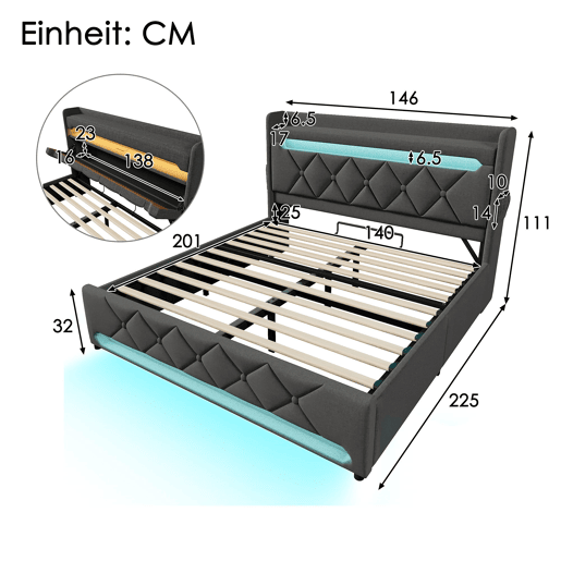 Cama de casal de linho 140x200cm com armazenamento e luz led,cinzento