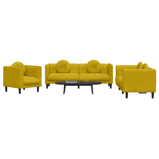 vidaXL 3 pcs conjunto de sofás com almofadas veludo amarelo vidaXL 3 pcs conjunto de sofás com almofadas veludo amarelo