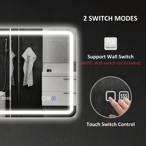 HOMCOM Espelho de Casa de Banho com Luz LED 70x50 cm Espelho de Parede com Bluetooth 3 Cores de Luz Relógio Digital Função Antiembaciamento Função de Memória Interruptor Tátil IP44 Prata
