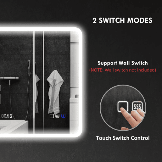 HOMCOM Espelho de Casa de Banho com Luz LED 80x60 cm Espelho de Parede com Bluetooth 3 Cores de Luz Relógio Digital Função Antiembaciamento Função de Memória Interruptor Tátil IP44 Prata