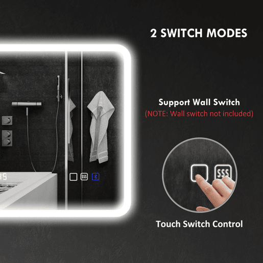 HOMCOM Espelho de Casa de Banho com Luz LED Bluetooth 70x50 cm, Espelho de Parede com 3 Tons de Luz, Relógio Digital, Brilho Ajustável, Antivapor, Memória, Interruptor Tátil, IP44