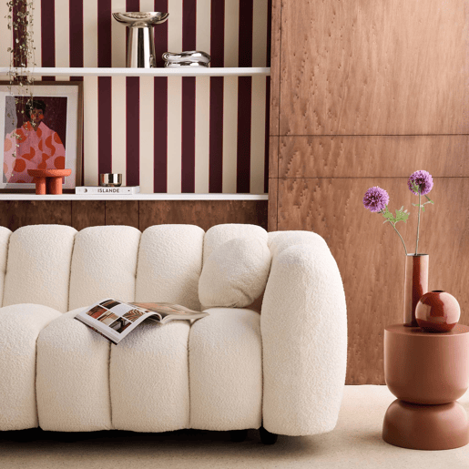 Sofá concha boucle de 3 lugares, Perla, Creme, 221x100x76 cm