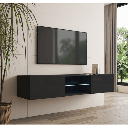 Móvel TV Sala de estar e jantar Preto 160x38,5x30 2 portas LED Tibi Muebles Bonitos