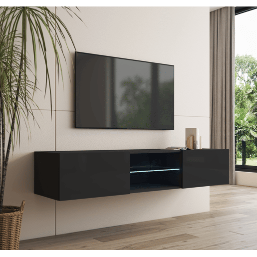 Móvel TV Sala de estar e jantar Preto 160x38,5x30 2 portas LED Tibi Muebles Bonitos