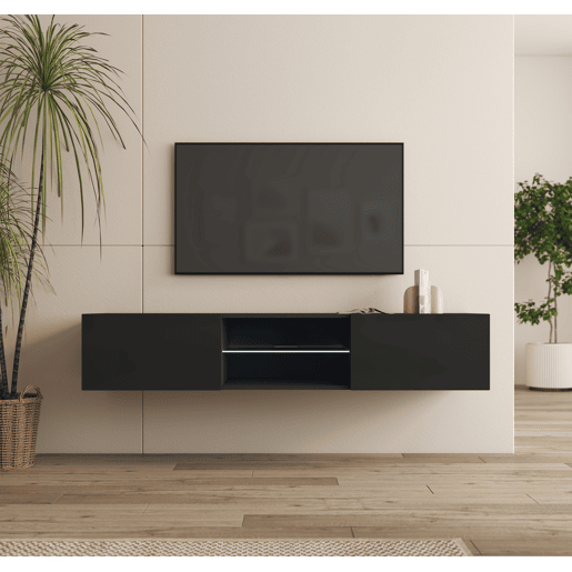 Móvel TV Sala de estar e jantar Preto 160x38,5x30 2 portas LED Tibi Muebles Bonitos