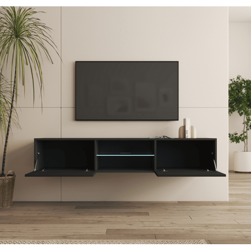 Móvel TV Sala de estar e jantar Preto 160x38,5x30 2 portas LED Tibi Muebles Bonitos
