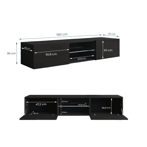 Móvel TV Sala de estar e jantar Preto 160x38,5x30 2 portas LED Tibi Muebles Bonitos
