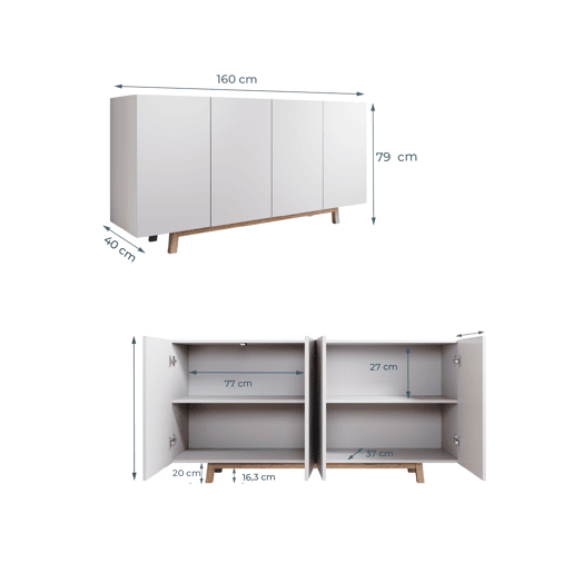 Aparador Sala de estar e jantar Branco 160x40x79 4 portas Siena Muebles Bonitos Aparador Sala de estar e jantar Branco 160x40x79 4 portas Siena Muebles Bonitos
