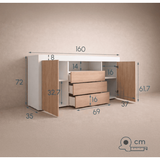 Aparador Sala de estar e jantar BrancoSonoma 160x35x72 2 portas 3 gavetas Yanis Muebles Bonitos Aparador Sala de estar e jantar BrancoSonoma 160x35x72 2 portas 3 gavetas Yanis Muebles Bonitos