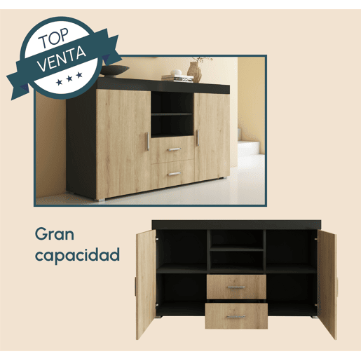 Aparador Sala de estar e jantar SonomaPreto 140x40x80 2 portas 2 gavetas Roque Muebles Bonitos Aparador Sala de estar e jantar SonomaPreto 140x40x80 2 portas 2 gavetas Roque Muebles Bonitos