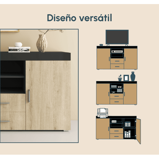 Aparador Sala de estar e jantar SonomaPreto 140x40x80 2 portas 2 gavetas Roque Muebles Bonitos Aparador Sala de estar e jantar SonomaPreto 140x40x80 2 portas 2 gavetas Roque Muebles Bonitos