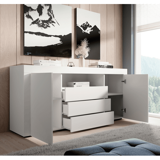 Aparador Sala de estar e jantar Branco 160x35x72 2 portas 3 gavetas Yanis Muebles Bonitos Aparador Sala de estar e jantar Branco 160x35x72 2 portas 3 gavetas Yanis Muebles Bonitos