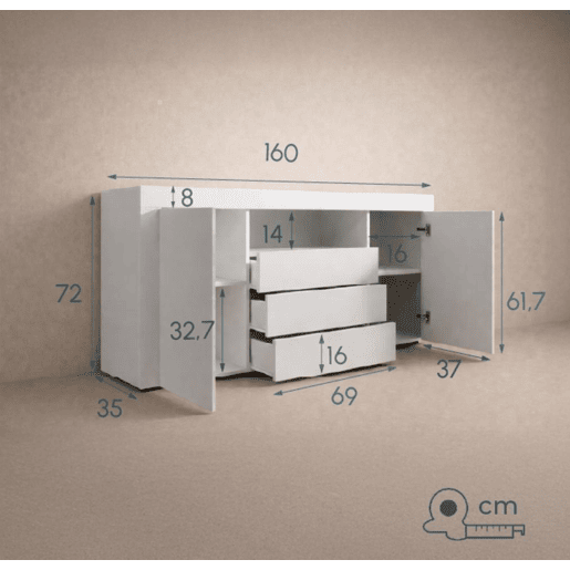 Aparador Sala de estar e jantar Branco 160x35x72 2 portas 3 gavetas Yanis Muebles Bonitos Aparador Sala de estar e jantar Branco 160x35x72 2 portas 3 gavetas Yanis Muebles Bonitos