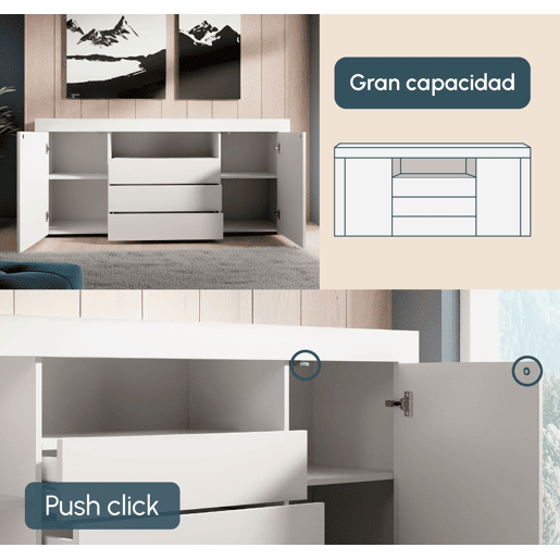 Aparador Sala de estar e jantar Branco 160x35x72 2 portas 3 gavetas Yanis Muebles Bonitos Aparador Sala de estar e jantar Branco 160x35x72 2 portas 3 gavetas Yanis Muebles Bonitos