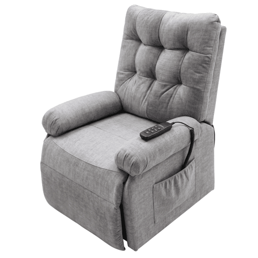 Poltrona reclinável Seren para sala de estar em cinza com controle remoto, bolso lateral e cadeira elevatória de tecido 90x107x84 cm