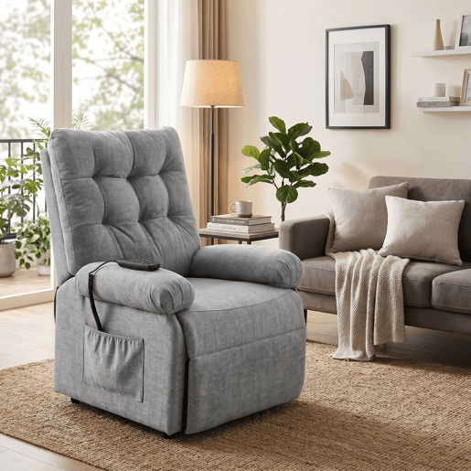 Poltrona reclinável Seren para sala de estar em cinza com controle remoto, bolso lateral e cadeira elevatória de tecido 90x107x84 cm