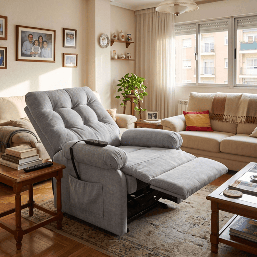 Poltrona reclinável Seren para sala de estar em cinza com controle remoto, bolso lateral e cadeira elevatória de tecido 90x107x84 cm
