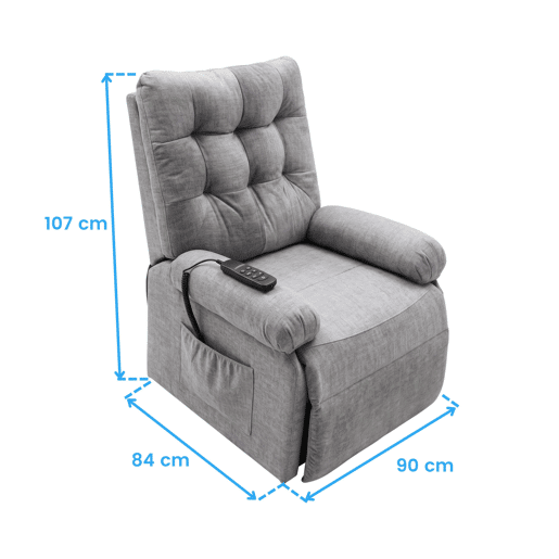 Poltrona reclinável Seren para sala de estar em cinza com controle remoto, bolso lateral e cadeira elevatória de tecido 90x107x84 cm