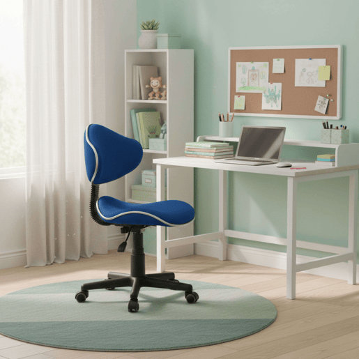 Cadeira de escritório juvenil Bambola, cadeira giratória para quarto, altura ajustável, poliéster azul, 48x88-98x46 cm