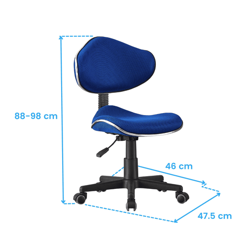 Cadeira de escritório juvenil Bambola, cadeira giratória para quarto, altura ajustável, poliéster azul, 48x88-98x46 cm