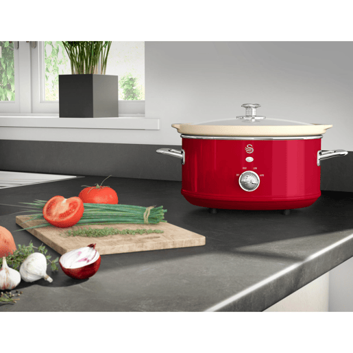SWAN SF17021RNEU Retro Slow Cooker 3,5L, Panela de Cerâmica Antiaderente sem PFOA e PTFE, 200, Vermelho