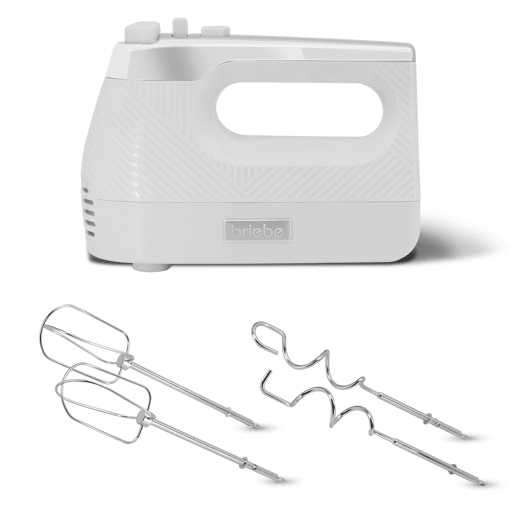 Briebe HM1174WHT Elegance Batedor Misturador Especial Pastelaria, 5 Velocidades + Turbo, Acessórios Aço Inoxidável, 400, Branco
