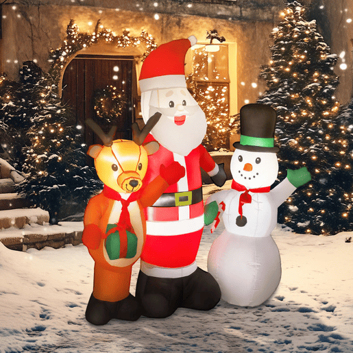 Outsunny Pai Natal Insuflável 150 cm com Rena e Boneco de Neve Decoração de Natal Insuflável com Luzes LED Inflador Elétrico para Exterior Jardim Relvado 150x45x150 cm Multicor