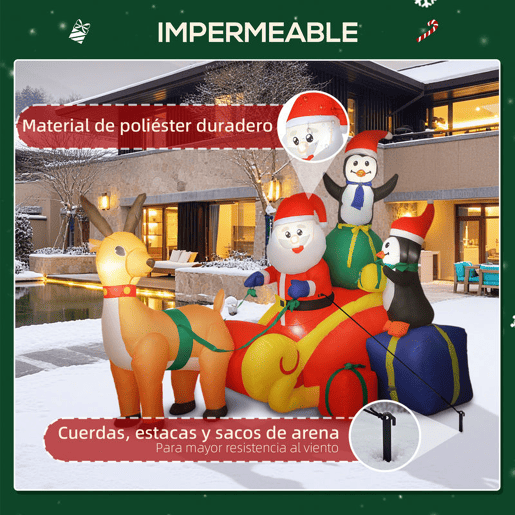 Outsunny Pai Natal Insuflável com Trenó Pinguins e Renas Insufláveis de Natal com Luzes LED Decoração de Natal para Exterior e Interior 180x120x155 cm Multicor