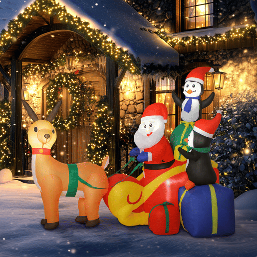 Outsunny Pai Natal Insuflável com Trenó Pinguins e Renas Insufláveis de Natal com Luzes LED Decoração de Natal para Exterior e Interior 180x120x155 cm Multicor