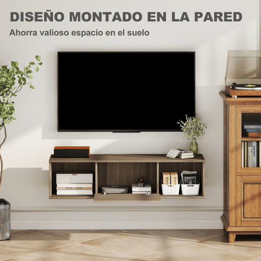 HOMCOM Armário de Parede Móvel para TV Suspenso com 2 Compartimentos Abertos e Porta Rebatível 120x30x29,5 cm Marrom Escuro