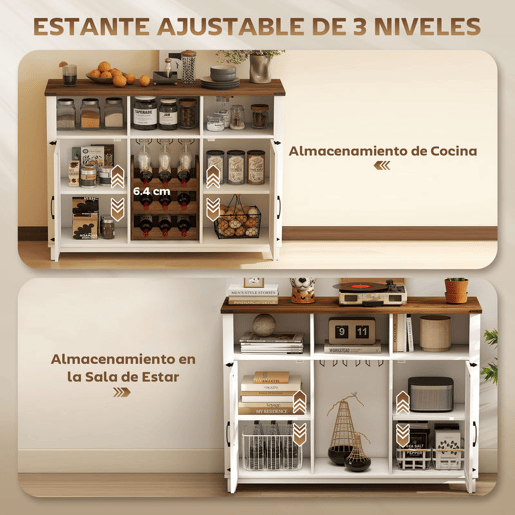 HOMCOM Aparador de Cozinha com Suporte para Garrafas Aparador com 2 Portas de Celeiro Prateleiras Ajustáveis e Suporte para Copos para 9 Garrafas Buffet Auxiliar de Cozinha 120x37x88 cm Branco