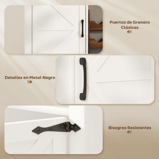 HOMCOM Aparador de Cozinha com Suporte para Garrafas Aparador com 2 Portas de Celeiro Prateleiras Ajustáveis e Suporte para Copos para 9 Garrafas Buffet Auxiliar de Cozinha 120x37x88 cm Branco
