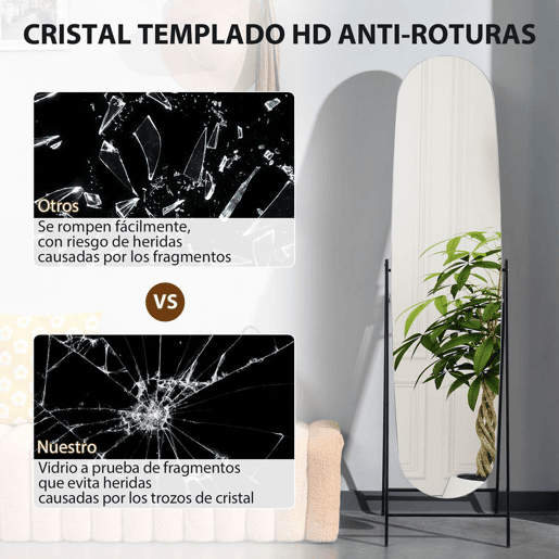 HOMCOM Espelho de Pé Arqueado 160x40 cm Espelho de Corpo Inteiro sem Moldura com Suporte de Metal para Sala Quarto Closet e Entrada Preto