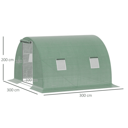 Outsunny Estufa de Exterior 3x3x2 m, Estufa de Túnel com Porta Enrolável, 4 Janelas de Rede, Cobertura em PE 140gm² e Estrutura de Aço Galvanizado, Anti-UV, Impermeável, para Cultivo, Verde