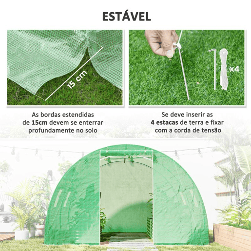 Outsunny Estufa de Exterior 3x3x2 m, Estufa de Túnel com Porta Enrolável, 4 Janelas de Rede, Cobertura em PE 140gm² e Estrutura de Aço Galvanizado, Anti-UV, Impermeável, para Cultivo, Verde