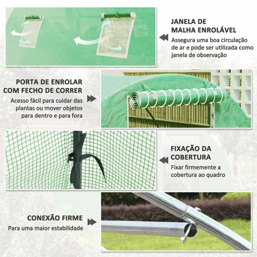 Outsunny Estufa de Exterior 3x3x2 m, Estufa de Túnel com Porta Enrolável, 4 Janelas de Rede, Cobertura em PE 140gm² e Estrutura de Aço Galvanizado, Anti-UV, Impermeável, para Cultivo, Verde