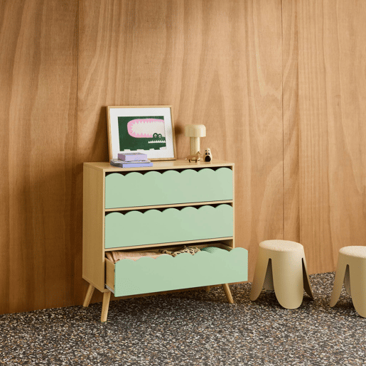 Cômoda infantil efeito madeira 3 gavetas Verde - 80x30x79 cm