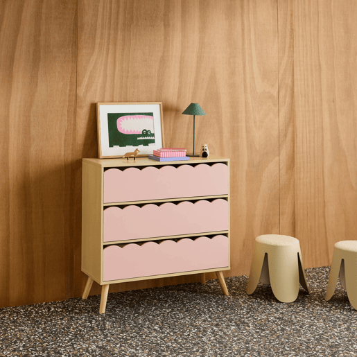 Cômoda infantil efeito madeira 3 gavetas Rosa - 80x30x79 cm