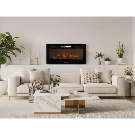 Lareira eléctrica panorâmica com saída de ar frontal. 2 potências selecionáveis. 3 níveis de intensidade de chama. Programável semanalmente. Simulação de lenha incluída.