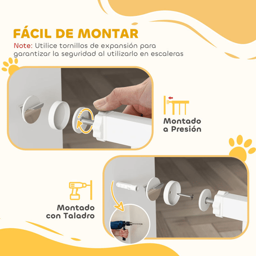 PawHut Barreira de Segurança Extensível para Cães 74-87 cm, para Portas e Escadas, com Extensão de 7 cm, Montagem por Pressão e Duplo Fecho, Branco