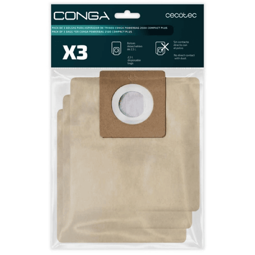 Cecotec Pack 3 Sacos para Aspirador Conga PowerBag 2500 Compact Plus Sled. Inclui bolsas compatíveis com Conga Powerbag 2500 Compact Plus