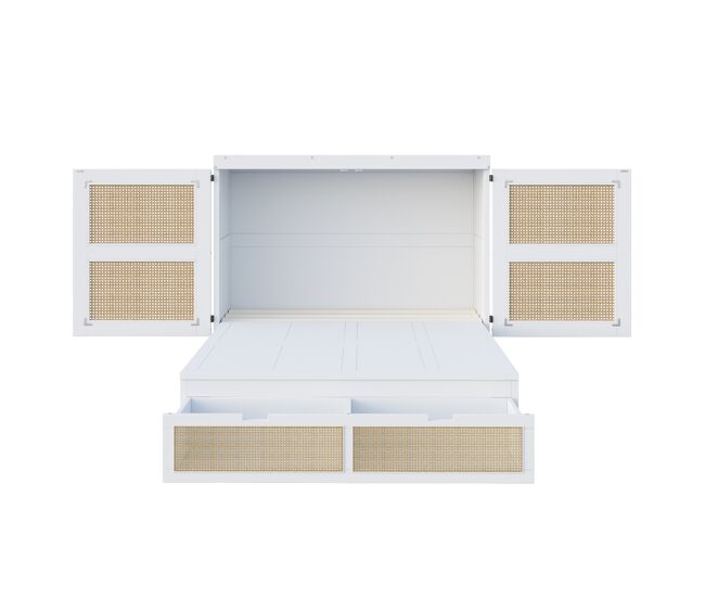 Cama abatible 140x200 cm - con somier, vertical, con cajones de almacenamiento, diseño de ratán - blanco