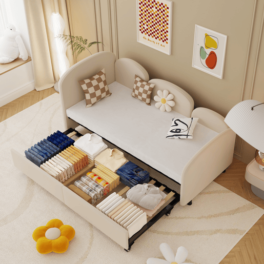 Sofá-cama tamanho twin - com gavetas de arrumação, estofado em veludo - bege Sofá-cama tamanho twin - com gavetas de arrumação, estofado em veludo - bege