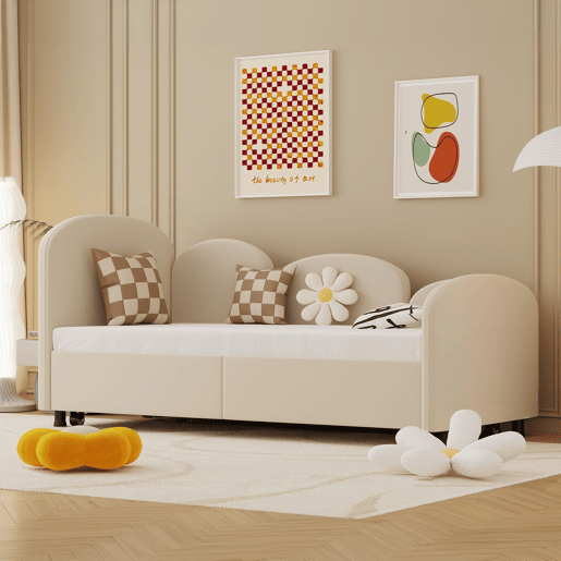 Sofá-cama tamanho twin - com gavetas de arrumação, estofado em veludo - bege Sofá-cama tamanho twin - com gavetas de arrumação, estofado em veludo - bege