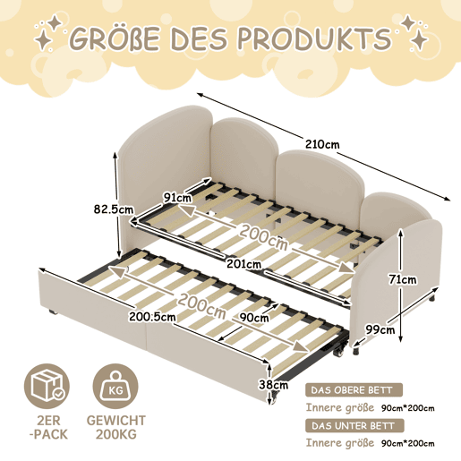 Sofá-cama tamanho twin - com gavetas de arrumação, estofado em veludo - bege Sofá-cama tamanho twin - com gavetas de arrumação, estofado em veludo - bege