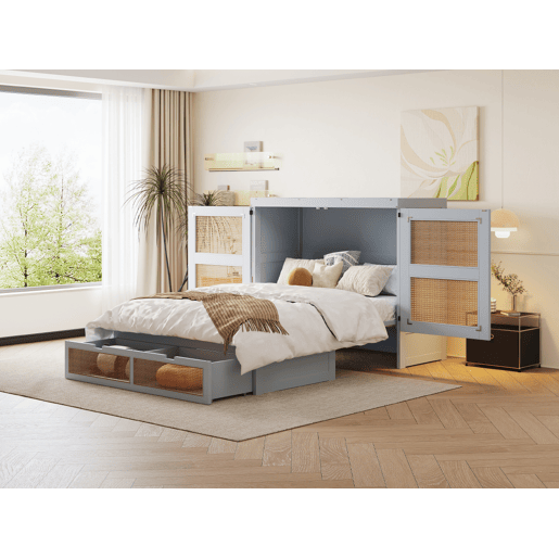 Cama rebatível 140x200 cm - Com estrado, vertical, com gavetas de arrumação, design rattan - Cinza