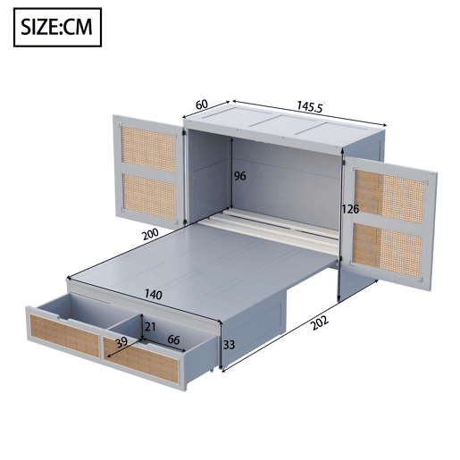 Cama rebatível 140x200 cm - Com estrado, vertical, com gavetas de arrumação, design rattan - Cinza