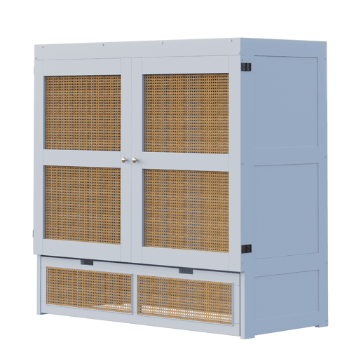 Cama rebatível 140x200 cm - Com estrado, vertical, com gavetas de arrumação, design rattan - Cinza